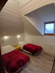 een kamer met 2 bedden en een raam op een zolder bij Ampia Mansarda a Dimaro in Val di Sole in Monclassico