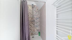 a shower in a bathroom with a mosaic wall at Buron St Roch in Murol