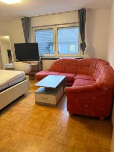 een woonkamer met een rode bank en een tafel bij Haus Heigenbrücken in Heigenbrücken