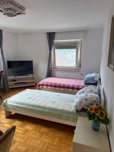 een slaapkamer met een bed en een raam bij Haus Heigenbrücken in Heigenbrücken