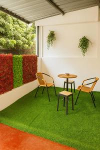 un patio con un tavolo e due sedie e un tappeto verde di Villa Cempaka - Pemogan a Denpasar Altre 12 foto