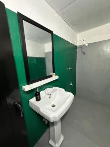 a bathroom with a white sink and a green wall at Seasong Rooms in Unawatuna