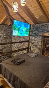 a bedroom with a bed with a tv on the wall at Black Rock Agria in Agria