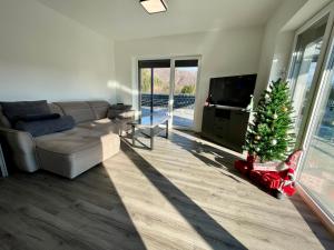 een woonkamer met een kerstboom en een bank bij Apartmán Raj in Žilina