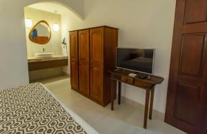 - une chambre avec un lit et une télévision sur une table dans l'établissement Pousada Natureza, à Morro de São Paulo