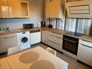 una cucina con lavatrice e tavolo con sedie di Cottbus Virchowstraße Zentrum a Cottbus