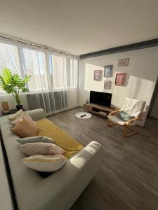 un salon avec un canapé et une télévision dans l'établissement Appartement hyper-centre Stella, à Dunkerque