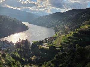 vista aerea di un fiume con alberi e montagne di Ermida Vista Douro a Baião