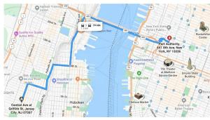 a map showing the route of a bus at Private modern apartment near Manhattan NYC in Jersey City