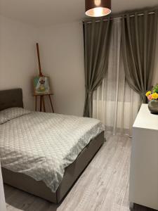 a bedroom with a bed and a window with curtains at Cozy Appartament in Floreşti