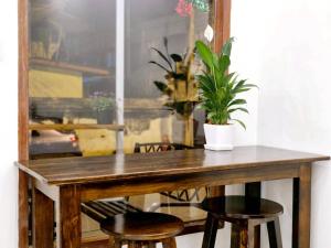 a wooden table with chairs and a potted plant on it at MaMa Hostel CNX in Chiang Mai