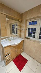 ein Badezimmer mit Waschbecken und einem roten Teppich in der Unterkunft Value Stay Comfortable Rooms Windsor Legoland Heathrow in Windsor