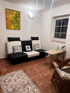 een woonkamer met een zwart-witte bank bij Taneček - malý apartmán u rodinného domu in Stvolínky