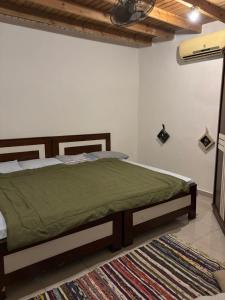 a bedroom with a bed with a green blanket at Fresco in Dahab