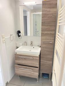 een badkamer met een wastafel en een spiegel bij Villa Josèphe in Capbreton