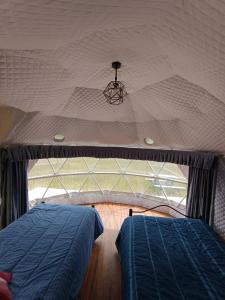 Puerto BertrandDomos Las Lengas Ch的露营车内的卧室,设有窗户