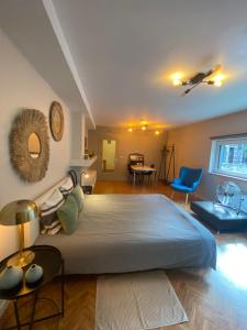 een slaapkamer met een groot bed en een tafel en stoelen bij Studio central airco et local vélo in Huy