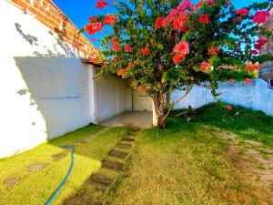ein Baum in einem Garten neben einem Gebäude mit einem Schlauch in der Unterkunft Casa 3 Quartos, 50 metros Da Praia in Cascavel