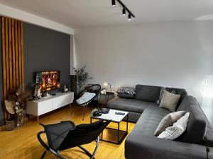 un soggiorno con un divano e una TV di Apartman Riva Parking Garaža a Kraljevo