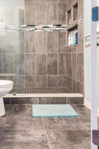 ein Bad mit Dusche, WC und blauem Teppich in der Unterkunft Historic Sebring Downtown Home in Sebring