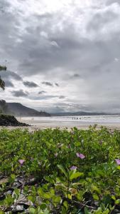 a field of flowers on a beach with the ocean at Omkar Homestay Adgaon Beach Sea View Next to Diveagar 2 in Adgaon