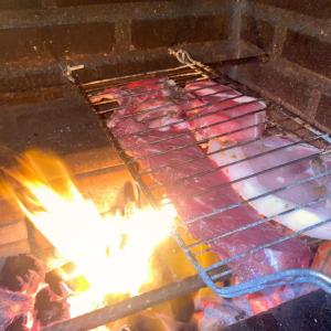 eine Reihe Fleischstücke auf einem Grill mit Feuer in der Unterkunft Casa 3 Quartos, 50 metros Da Praia in Cascavel