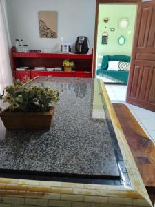 a living room with a table with a potted plant at Aquarela Suítes in Piúma