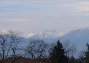 a view of a mountain range with clouds and trees at LZ Green House in Telavi