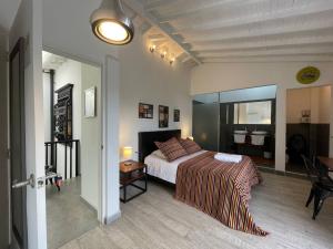 een slaapkamer met een groot bed en een spiegel bij Hotel Casa Azul Jardín in Jardin