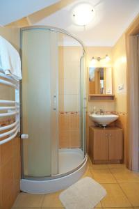 ハイドゥソボスローにあるZoli Apartmanok-Bródy 51-53のバスルーム(シャワー、シンク付)