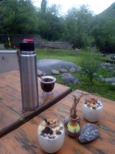 a table with a thermos and potted plants on it at Hostal SPA Casa de Piedra in La Quebrada +14 photos