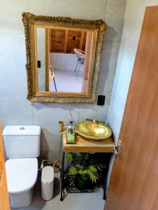 een badkamer met een wastafel en een spiegel en een toilet bij Chalé Venanzi in São Francisco do Sul