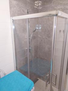 una doccia con una porta in vetro in un bagno di apartmani mikek a Domaslovec Altre 5 foto