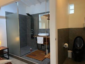 een badkamer met een douche en een wastafel bij Hotel Casa Azul Jardín in Jardin