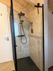 une douche avec une porte en verre dans une salle de bain dans l'établissement amKampl-Ferienwohnung, à Radling 17 autres photos
