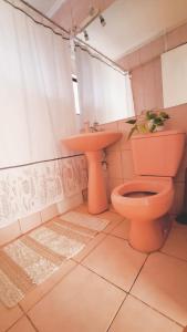 een badkamer met een roze toilet en een wastafel bij Hostal Casa Lavanda in Chillán