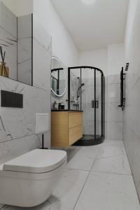 een witte badkamer met een toilet en een spiegel bij MonjAna Premium Rynek in Wrocław