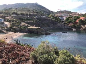 a body of water with a beach next to a mountain at LES BATTERIES bord de mer in Collioure