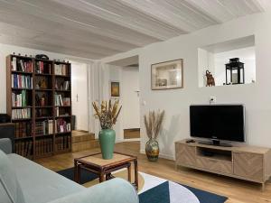 een woonkamer met een bank en een tv bij Rez-de-jardin cozy in Houilles