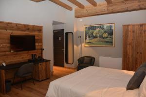 een slaapkamer met een bed, een bureau en een televisie bij Hotel Bel Sit Wellness Spa in Valle di Cadore