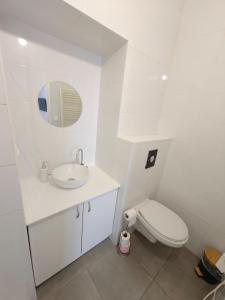 a white bathroom with a toilet and a sink at L'Orangerie du Domaine F3 in Forges