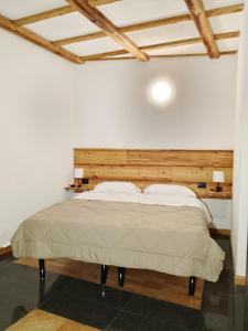 a bedroom with a large bed with a wooden headboard at Ca Poschiavini - Casa Lares in Casa Piali