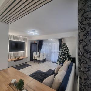 a living room with a couch and a christmas tree at Apartament Kalinderu K3 Busteni in Buşteni