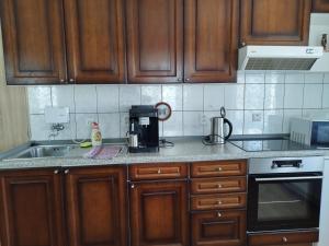 een keuken met houten kasten en een spoelbak bij Chalupa u Tomáše in Brumovice +12 foto's