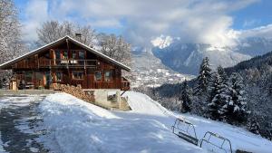 a log cabin in the mountains with snow on the ground at Appartement Chalet Nerboux in Morillon