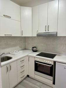 een keuken met witte kasten, een wastafel en een fornuis bij Apartment DUNJA Laktasi in Laktaši +10 foto's