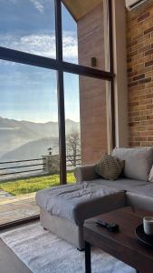 een woonkamer met een bank en een groot raam bij Monte Rustic Chalets in Mojkovac