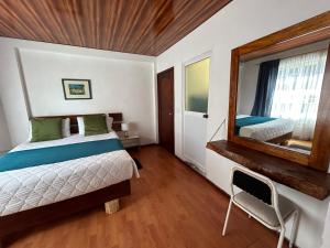 a bedroom with a bed and a mirror at Casa Descanso y Madera in Baños