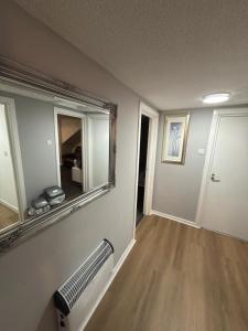 ein Wohnzimmer mit einem Spiegel und einem Heizkörper in der Unterkunft Cosy Retreat Suites in Hamilton