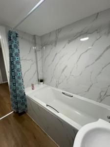a bathroom with a white tub and a toilet at Cosy Retreat Suites in Hamilton +21 photos